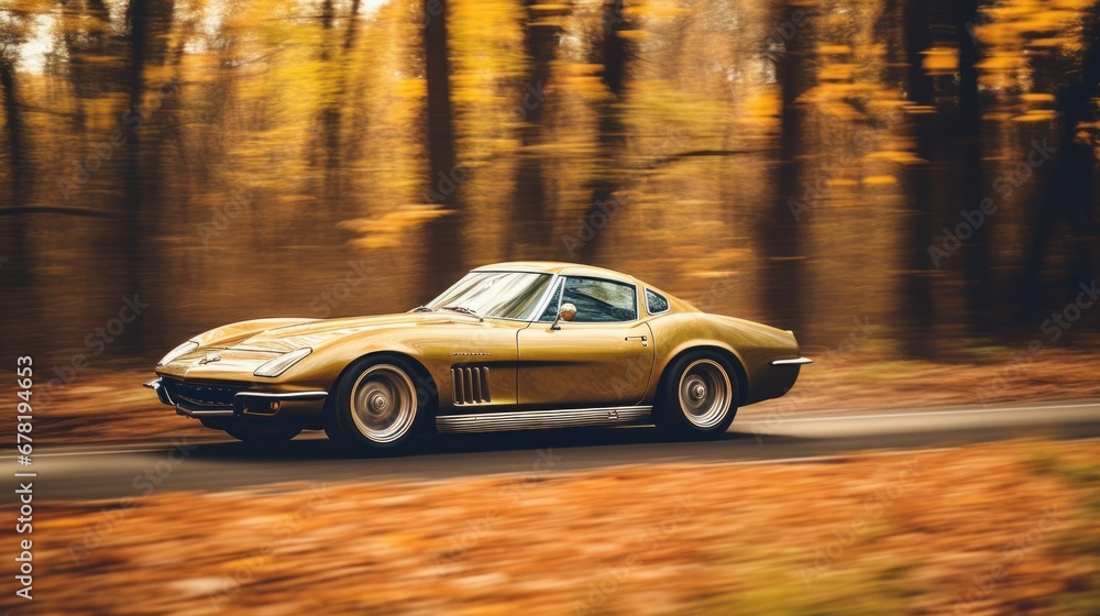 Car is driving on country road with motion blur effect. Retro car is moving at high speed in natural landscape