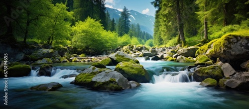 In the beautiful winter landscape of Europe a lush green forest nestled against a majestic mountain backdrop with a rocky waterfall cascading down into a pristine river creating a stunning  photo