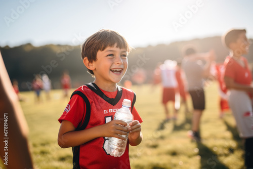 Happy kid drinks water after football game with teammates in the field photo