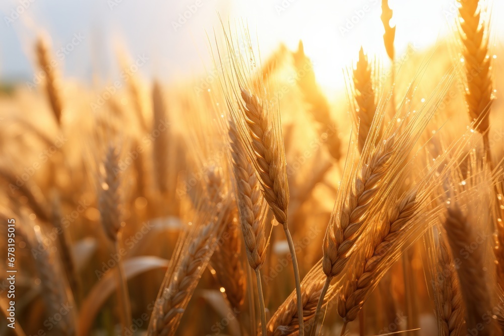 Golden harvest. Wheat field under summer sun. Nature bounty. Ripe wheat crop in countryside. Sunset over fields. Rural farming landscape Golden harvest. Wheat field under summer sun. Nature bounty. Ripe wheat crop in countryside. Sunset over fields. Rural farming landscape