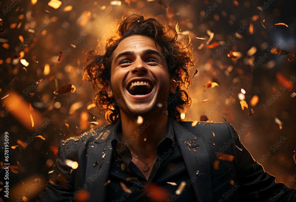 Obraz premium young successful man in a suit is euphorically happy and it rains golden confetti