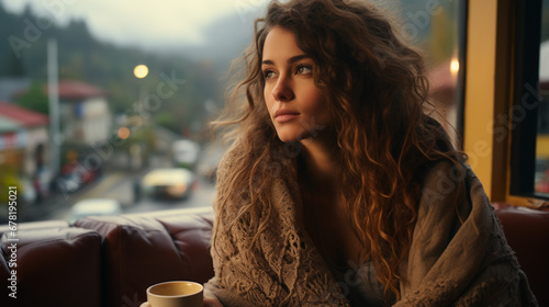 Wide horizontal photo of a cute lady drinking a coffee and thinking near a window in winter background with urban city landscape outside 