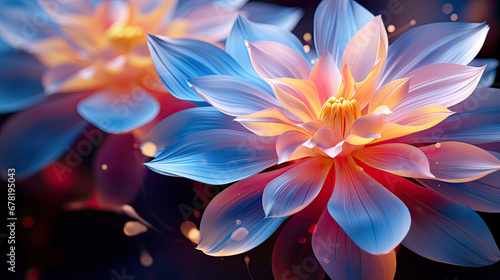 blue and yellow lotus flower, Digital technology transparent colorful flowers abstract background