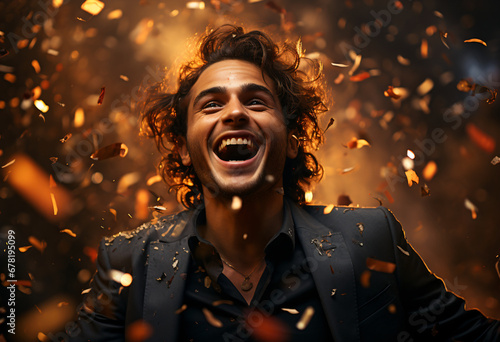 young successful man in a suit is euphorically happy and it rains golden confetti