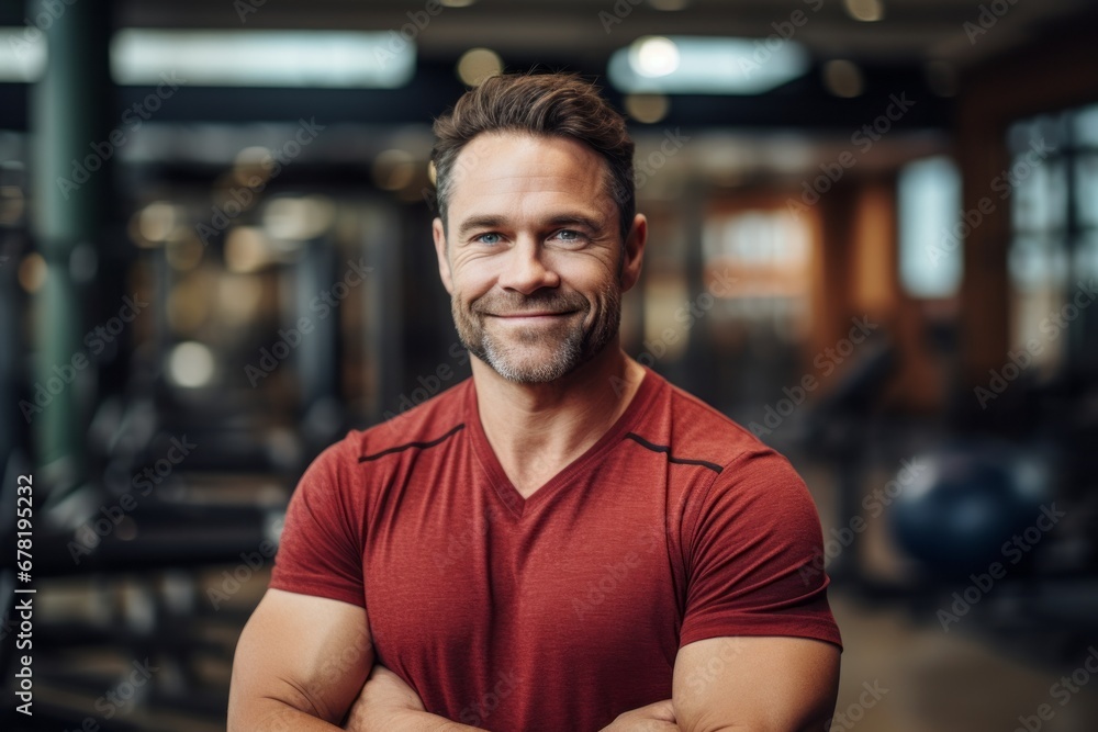 Portrait of a grinning man in his 40s wearing a comfy flannel shirt against a dynamic fitness gym background. AI Generation Portrait of a grinning man in his 40s wearing a comfy flannel shirt against a dynamic fitness gym background. AI Generation