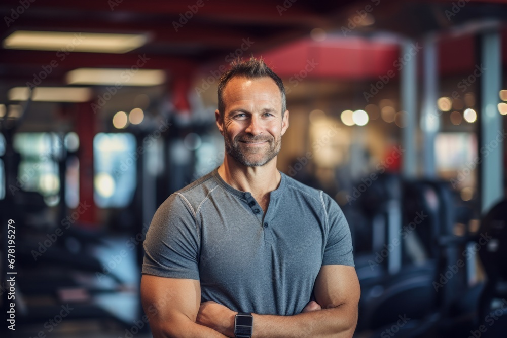 Portrait of a grinning man in his 40s wearing a comfy flannel shirt against a dynamic fitness gym background. AI Generation Portrait of a grinning man in his 40s wearing a comfy flannel shirt against a dynamic fitness gym background. AI Generation