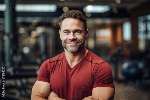 Portrait of a grinning man in his 40s wearing a comfy flannel shirt against a dynamic fitness gym background. AI Generation