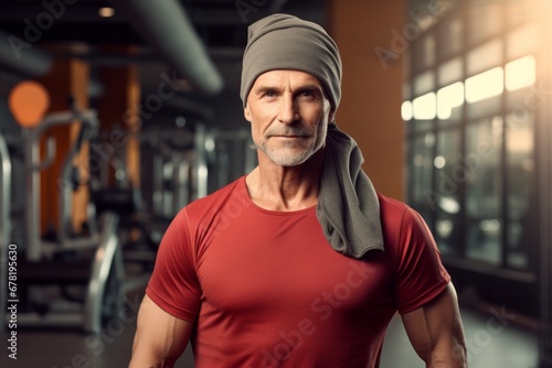 Portrait of a tender man in his 50s wearing a versatile buff against a dynamic fitness gym background. AI Generation