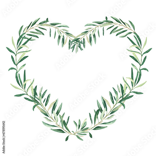Fototapeta Naklejka Na Ścianę i Meble -  Watercolor olive heart shaped wreath. Isolated on white background. Hand drawn botanical illustration. Can be used for cards, logos and food design.