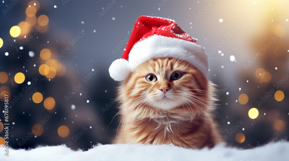 Cute kitten in a santa hat on the background of a winter landscape. Copyspace, place for your text Cute kitten in a santa hat on the background of a winter landscape. Copyspace, place for your text