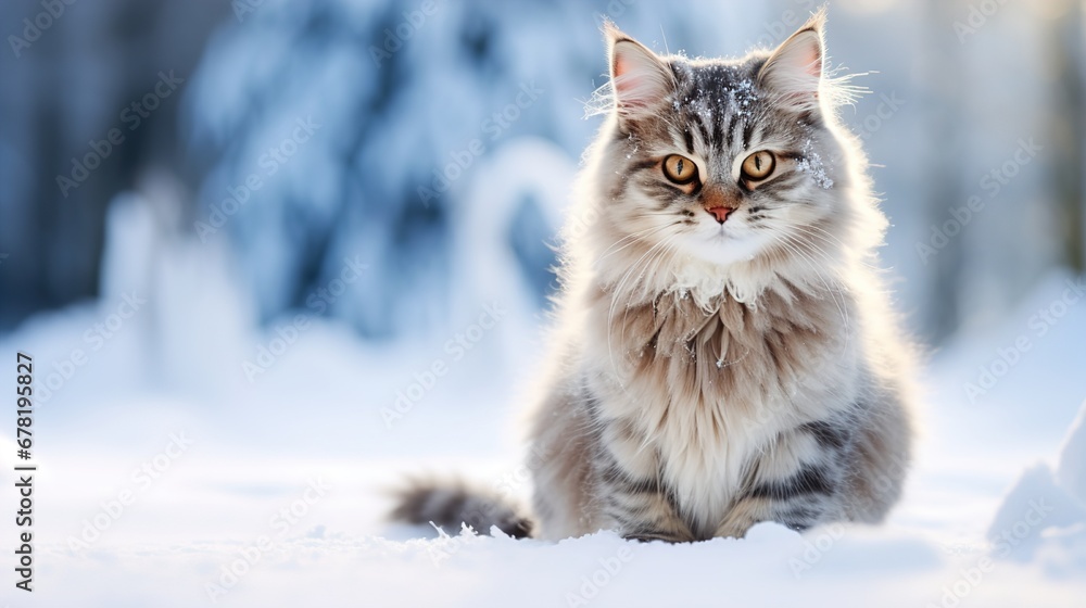 Cute fluffy cat sits in the snow on the background of a winter landscape. Copyspace, place for your text