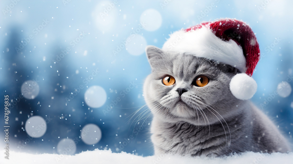 Cute kitten in a santa hat on the background of a winter landscape. Copyspace, place for your text