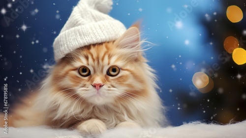 Cute kitten in a santa hat on the background of a winter landscape. Copyspace, place for your text