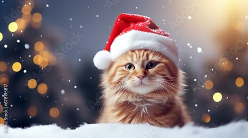 Cute kitten in a santa hat on the background of a winter landscape. Copyspace, place for your text © Daria17