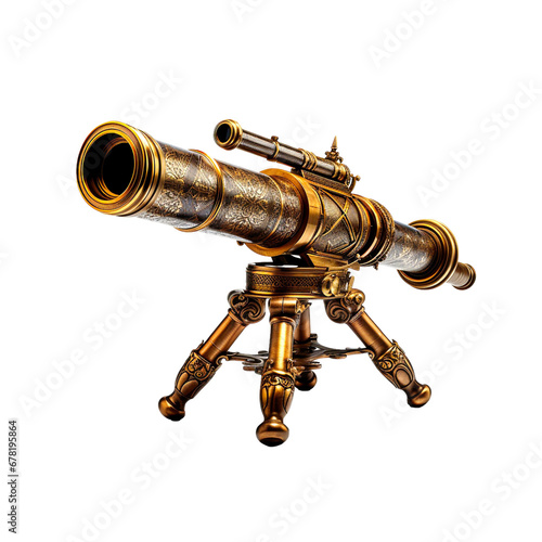 Timeless Gaze: Vintage Brass Telescope Isolated on Transparent White Background, Unlocking the Secrets of the Celestial Realm.