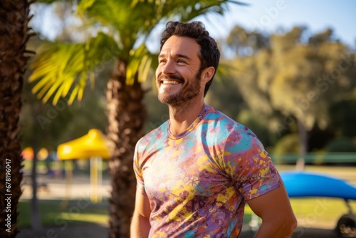 Portrait of a happy man in his 30s showing off a vibrant rash guard against a bright and cheerful park background. AI Generation