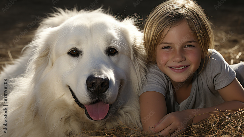 Smiling girl with her fluffy white dog Smiling girl with her fluffy white dog