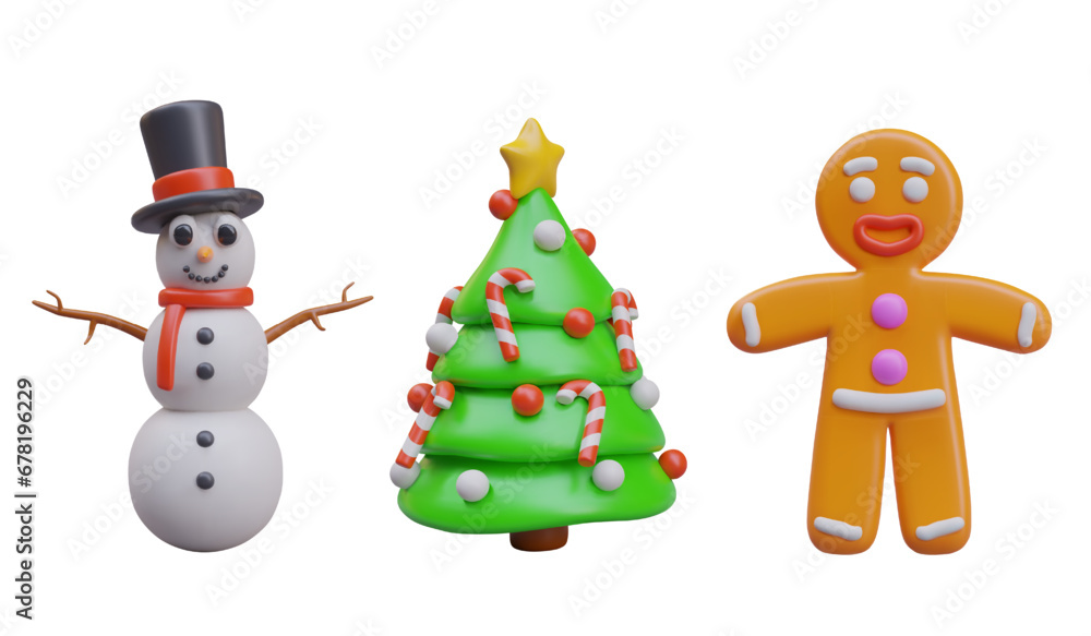 Snowman in top hat, decorated Christmas tree, smiling gingerbread man. Color realistic illustrations. Set of detailed images for New Year compositions Snowman in top hat, decorated Christmas tree, smiling gingerbread man. Color realistic illustrations. Set of detailed images for New Year compositions