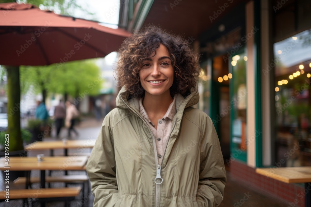 Fototapeta premium Portrait of a smiling woman in her 30s wearing a lightweight packable anorak against a serene coffee shop background. AI Generation