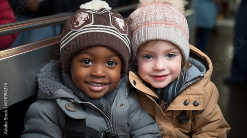 Two smiling children in winter hats © ArgitopIA