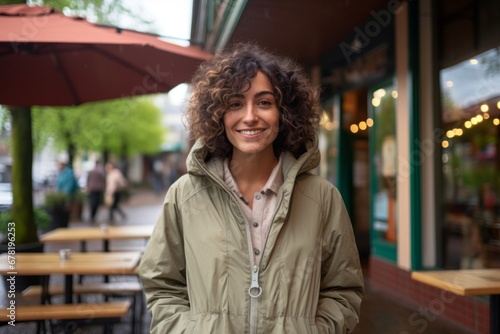 Portrait of a smiling woman in her 30s wearing a lightweight packable anorak against a serene coffee shop background. AI Generation photo