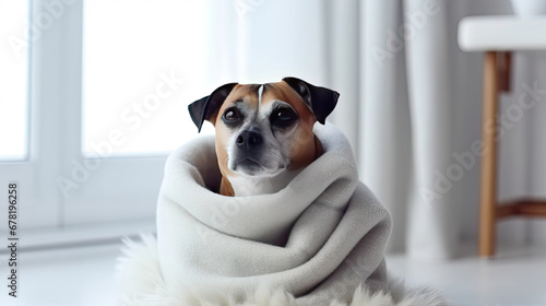 jack russell terrier sitting on the floor, Cute dog is freezing in living room and warming himself under blanket near radiator