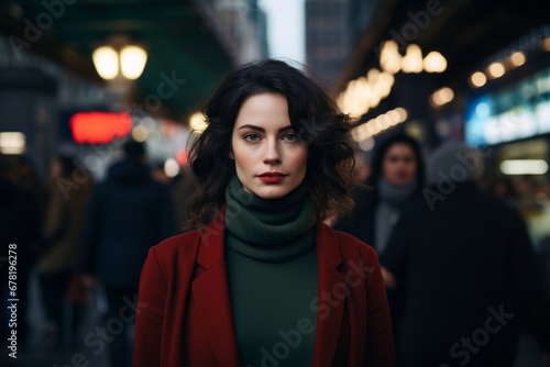 Portrait of a content woman in her 30s wearing a classic turtleneck sweater against a bustling city subway background. AI Generation © CogniLens