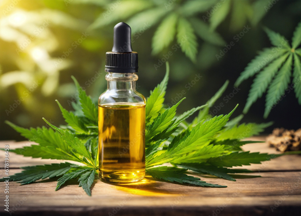 Cannabis Oil Bottle and Leaves on Wooden Table - AI generated
Cannabis Oil Bottle and Leaves on Wooden Table - AI generated