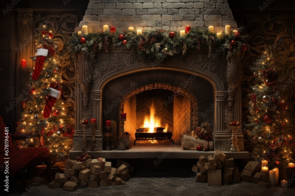 Cozy dark rustic living room with big floor to ceiling windows and a fireplace, decorated for Christmas.