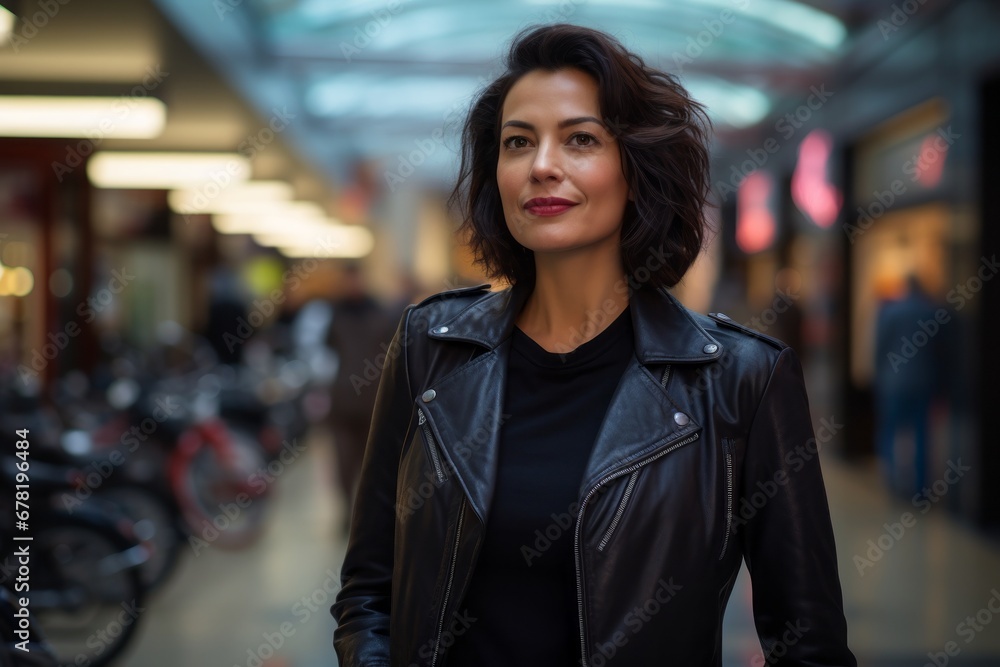 Portrait of a tender woman in her 40s sporting a classic leather jacket against a vibrant shopping mall background. AI Generation Portrait of a tender woman in her 40s sporting a classic leather jacket against a vibrant shopping mall background. AI Generation