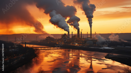 Industrial Plant Emissions at Dusk