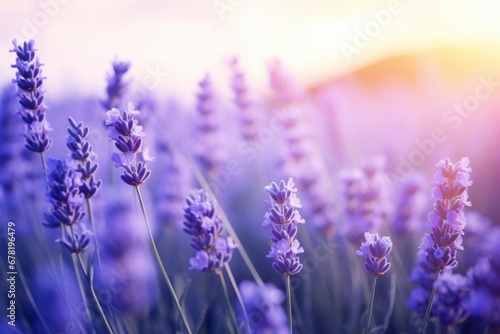 Lavender flower field  blooming purple fragrant lavender flowers. Growing lavender over the western sky  harvest  perfume ingredient  aromatherapy. Lavender field close up view.