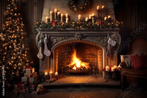 Cozy dark rustic living room with big floor to ceiling windows and a fireplace, decorated for Christmas.