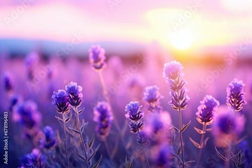 Lavender flower field, blooming purple fragrant lavender flowers. Growing lavender over the western sky, harvest, perfume ingredient, aromatherapy. Lavender field close up view.
