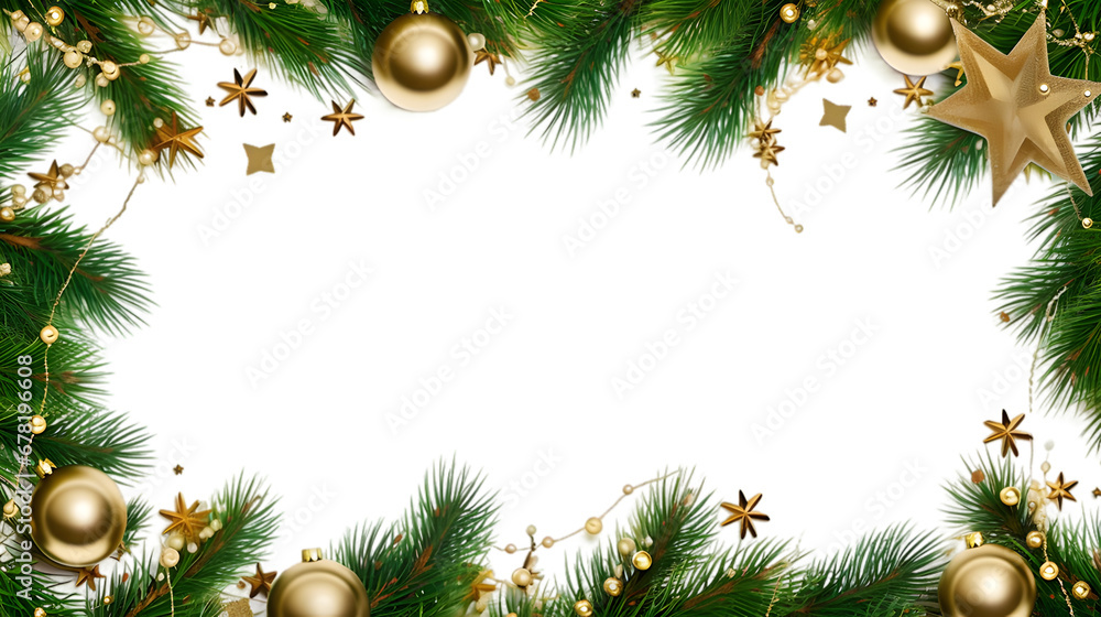 Christmas border with greenery and golden stars Christmas border with greenery and golden stars