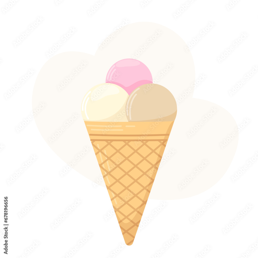Three scoops of ice cream in a waffle cone. Dairy products, dessert. Vector illustration. Nutrition concept. Kitchen image.