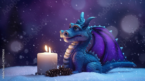 Funny cute dragon with candle for winter holidays and 2024 lunar new year celebration.