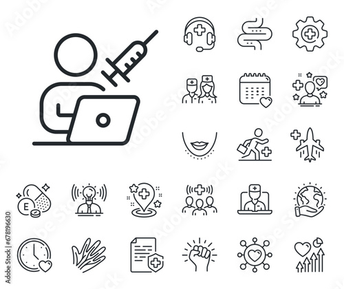Book vaccine sign. Online doctor, patient and medicine outline icons. Vaccination appointment line icon. Injections schedule symbol. Vaccination appointment line sign. Vector