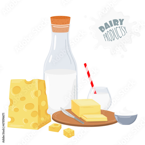Set of dairy products. Milk, sour cream, hard cheese, butter. Dairy products. Breakfast food. Vector illustration. Nutrition concept. Kitchen image.