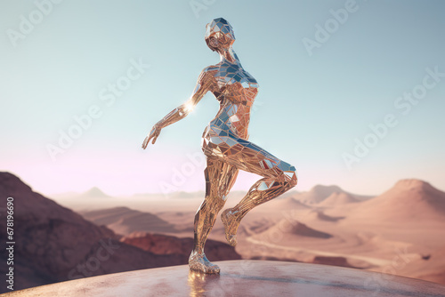 Crome robot woman dancing in the desert. Artificial intelligence rise and shiny. Mechanical beauty.