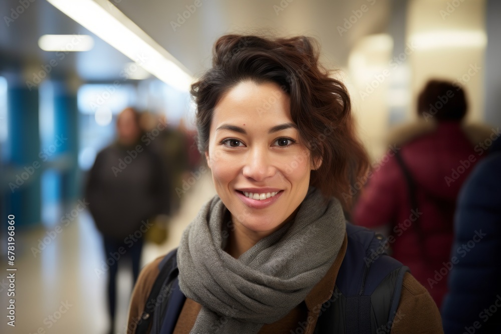 Portrait of a joyful woman in her 30s wearing a thermal fleece pullover against a busy hospital hallway background. AI Generation Portrait of a joyful woman in her 30s wearing a thermal fleece pullover against a busy hospital hallway background. AI Generation