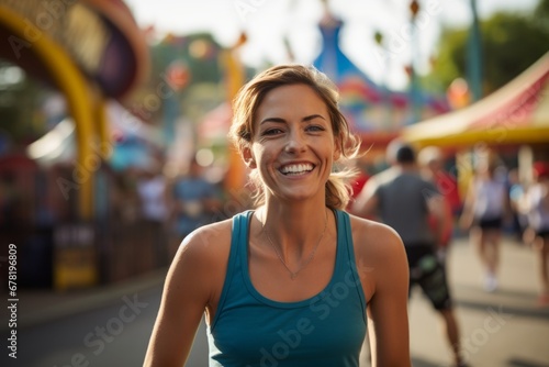 Portrait of a grinning woman in her 30s wearing a lightweight running vest against a lively amusement park background. AI Generation