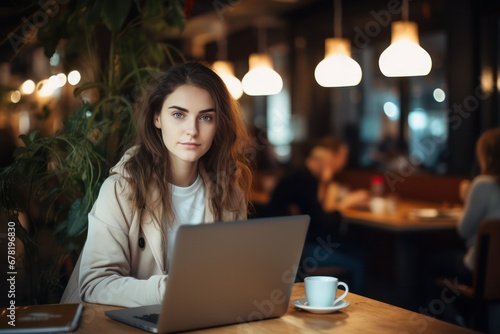 Close up portrait of young beautiful woman while working with laptop in Cafe