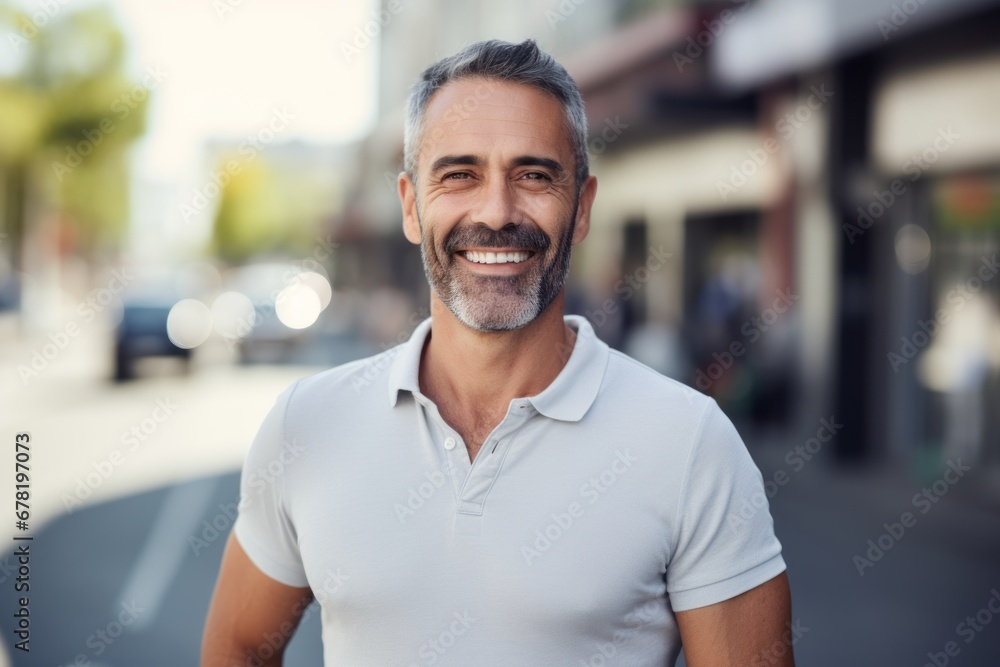 Obraz premium Portrait of a smiling man in his 40s wearing a sporty polo shirt against a bustling city street background. AI Generation