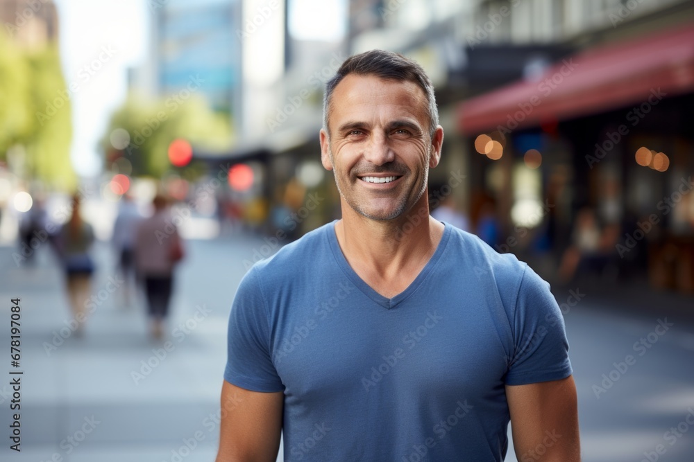 Portrait of a smiling man in his 40s wearing a sporty polo shirt against a bustling city street background. AI Generation