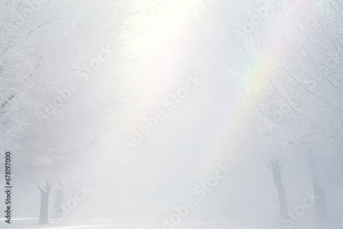 The ground and trees were covered in white and fluffy snow. There is a fog in the air, and a few rainbow sun rays go down.  Magical scene white background, generative AI photo