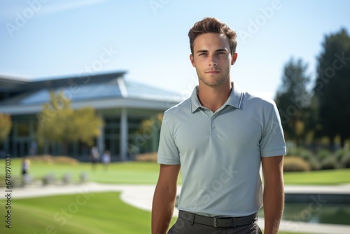 Portrait of a content woman in her 20s wearing a breathable golf polo against a modern university campus background. AI Generation