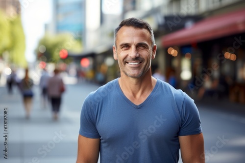 Portrait of a smiling man in his 40s wearing a sporty polo shirt against a bustling city street background. AI Generation