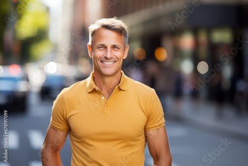 Portrait of a smiling man in his 40s wearing a sporty polo shirt against a bustling city street background. AI Generation © CogniLens