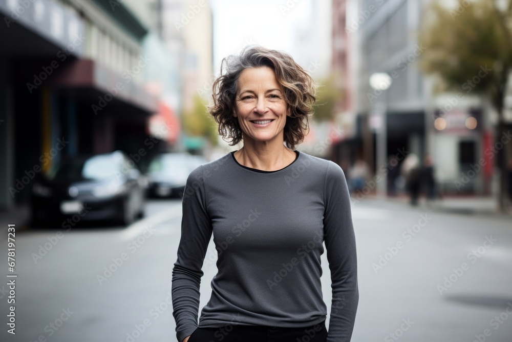 Portrait of a satisfied woman in her 50s sporting a long-sleeved thermal undershirt against a bustling city street background. AI Generation Portrait of a satisfied woman in her 50s sporting a long-sleeved thermal undershirt against a bustling city street background. AI Generation